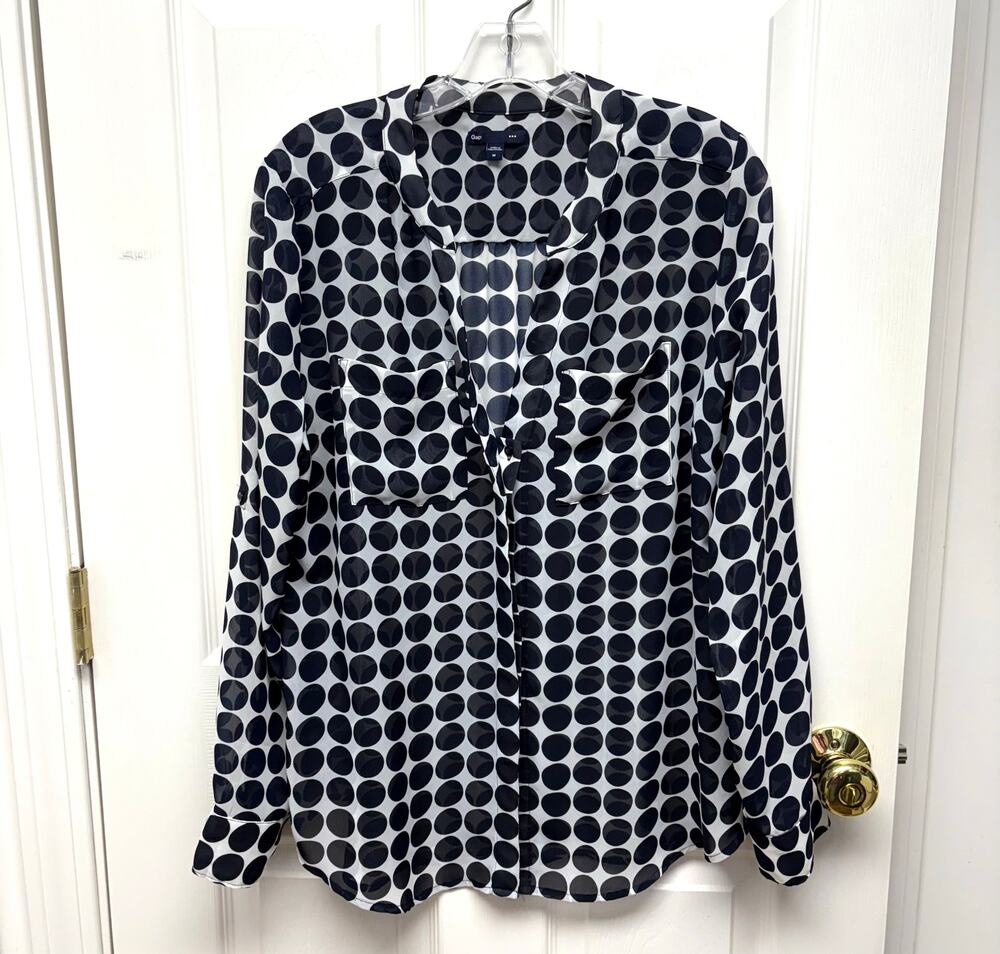 Gap Blouse Sheer Navy White Polka Dot V Neck Button Up Long Sleeve Womans Size M